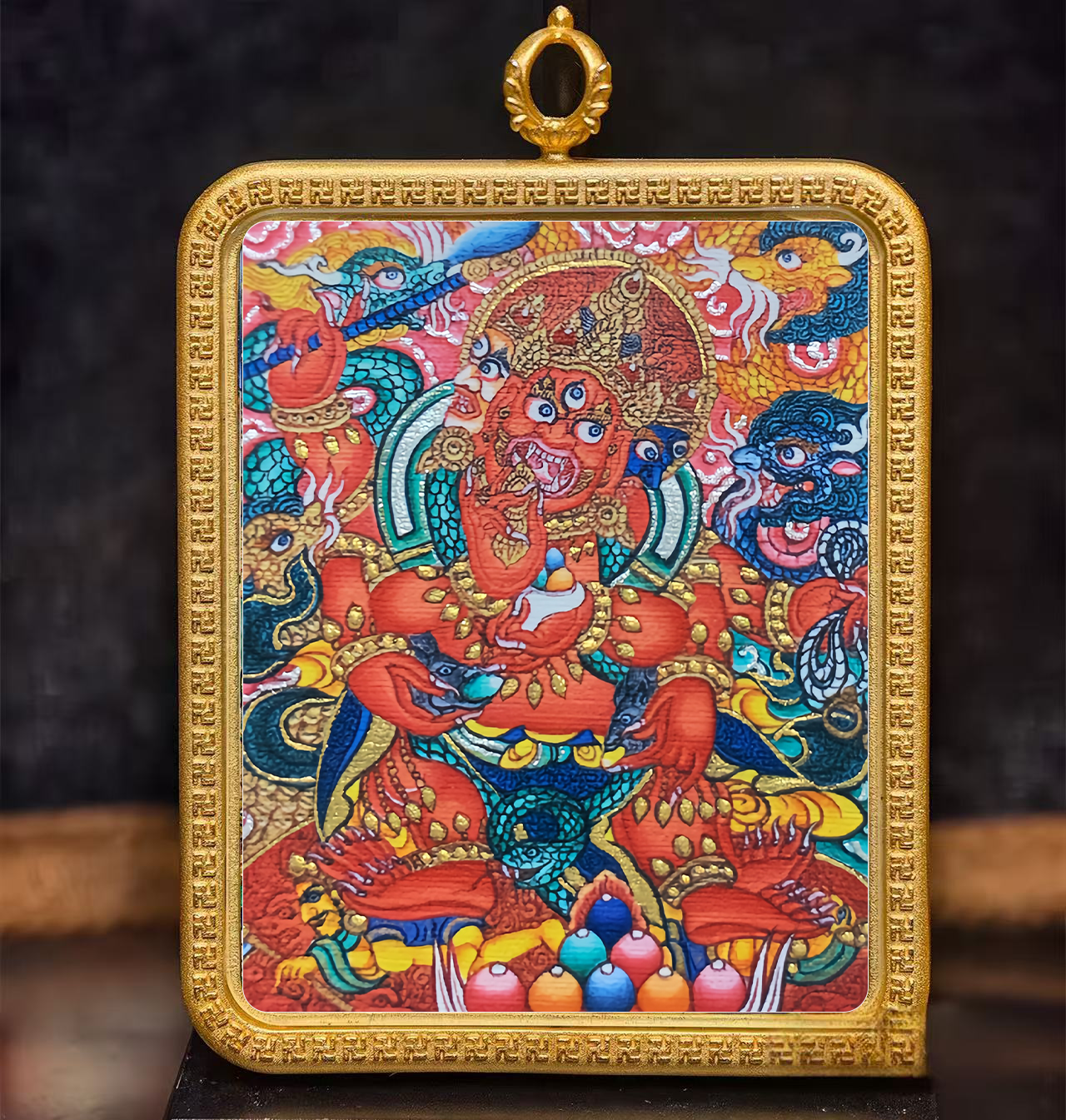 Golden Vajra Mirror Red God of Wealth Tangka symbolizes the rapid accumulation of material wealth, blessing of wealth and the accumulation of good luck.