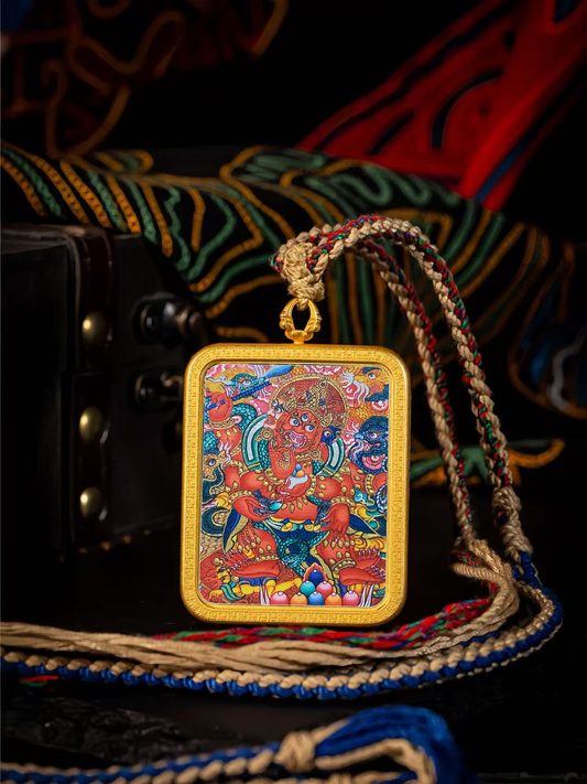 Golden Vajra Mirror Red God of Wealth Tangka symbolizes the rapid accumulation of material wealth, blessing of wealth and the accumulation of good luck.