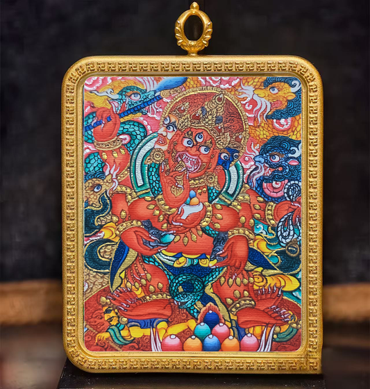 Golden Vajra Mirror Red God of Wealth Tangka symbolizes the rapid accumulation of material wealth, blessing of wealth and the accumulation of good luck.